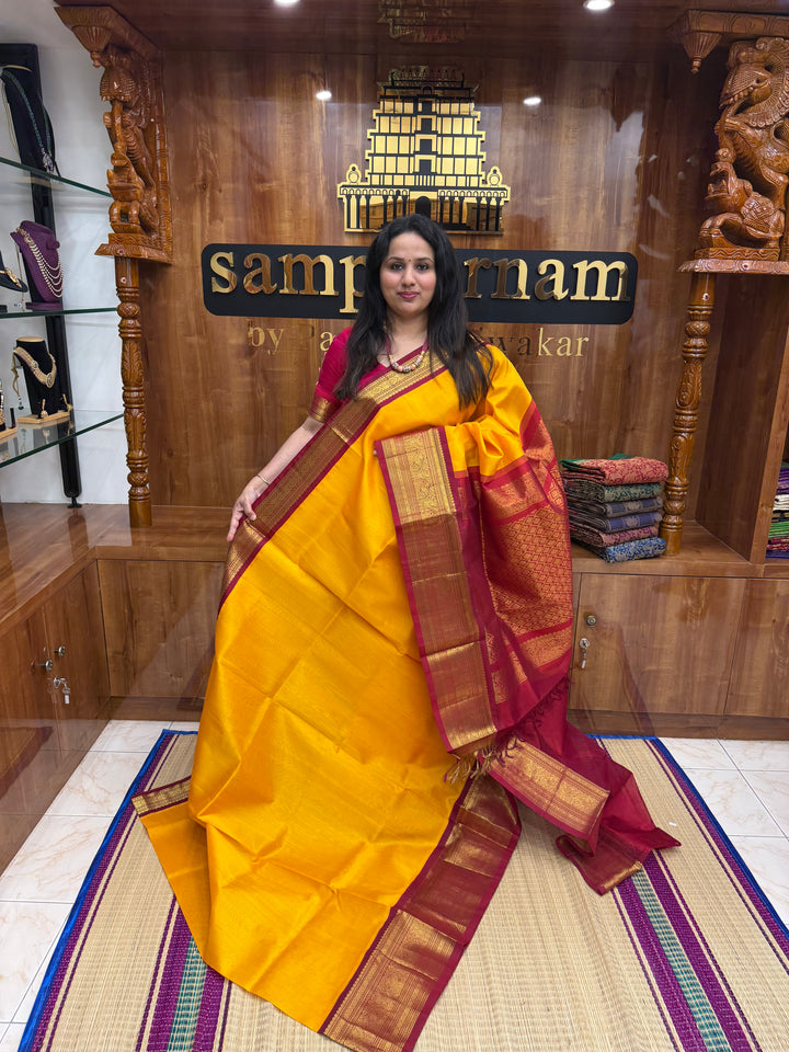 Mambazha Manjal with Dark Red , Traditional one side  long Borders and rich Pallu Korvai Silk Cotton Saree