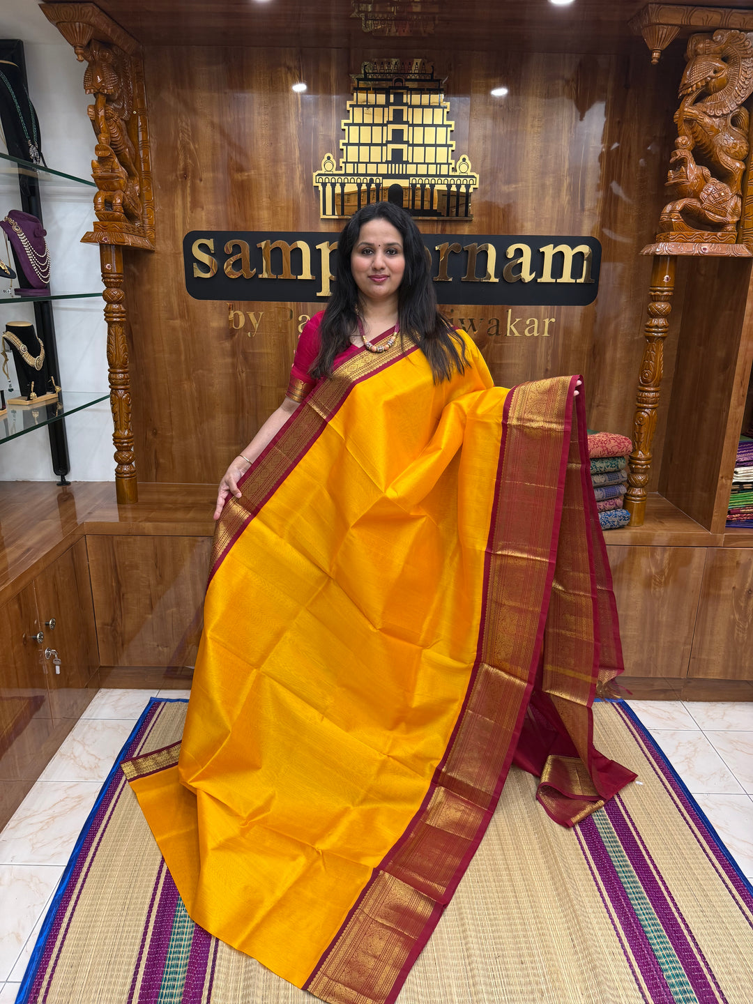 Mambazha Manjal with Dark Red , Traditional one side  long Borders and rich Pallu Korvai Silk Cotton Saree