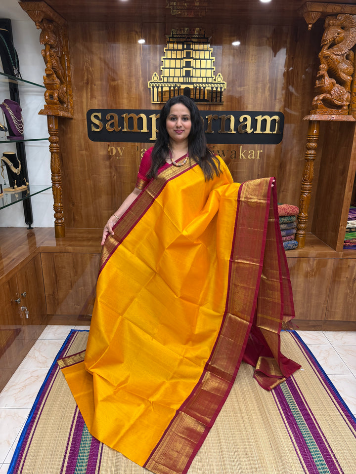 Mambazha Manjal with Dark Red , Traditional one side  long Borders and rich Pallu Korvai Silk Cotton Saree