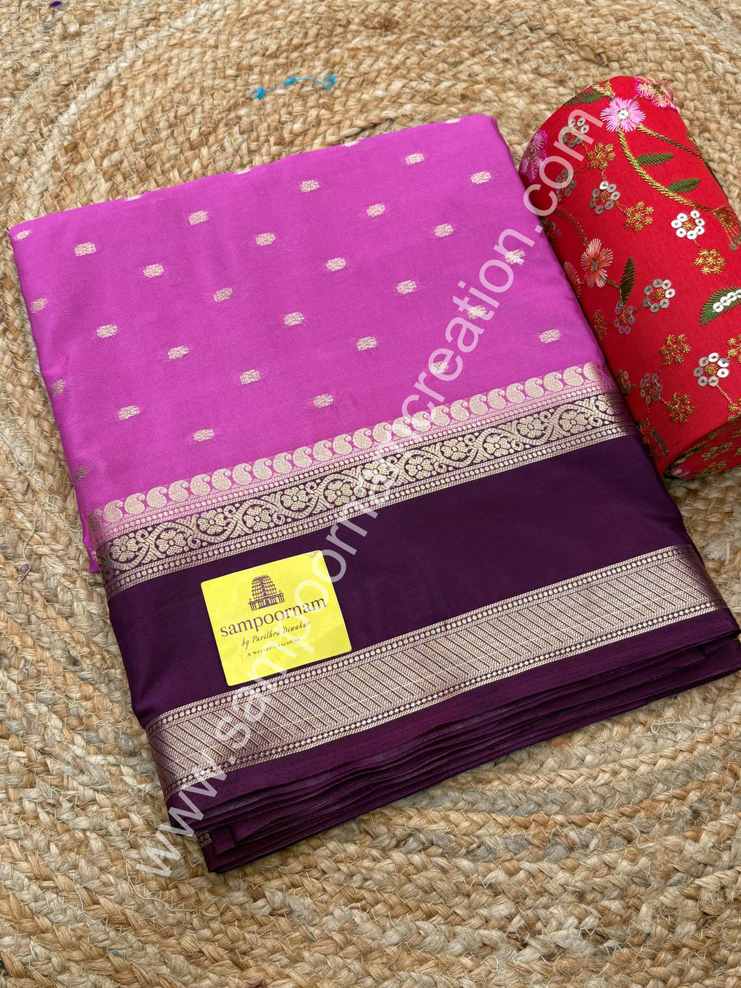 Deep Pink with Plum  , Rich Rettapet Borders and Pallu Semi Mysore Silk Saree
