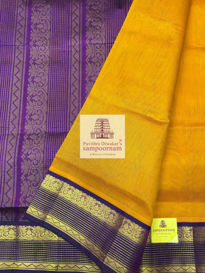 Manjal with Purple , rettapet borders and grand Pallu Korvai Silk Cotton Saree.
