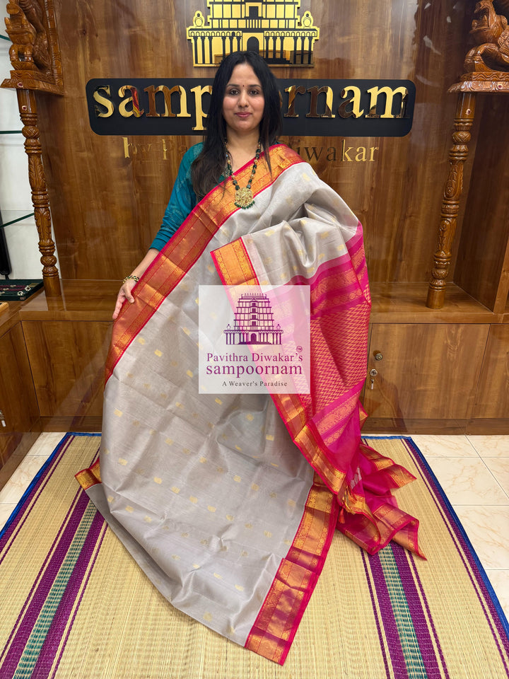 Grey with Pink , Zari Annam butta in the body , rettapet silk borders and rich Pallu Korvai Silk Cotton Saree