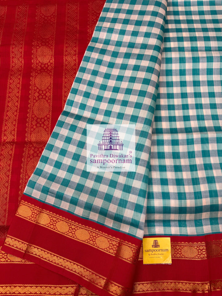 Blue & White with Red Pallum Pazham Kattam , rettapet border and grand Pallu Korvai Silk Cotton Saree