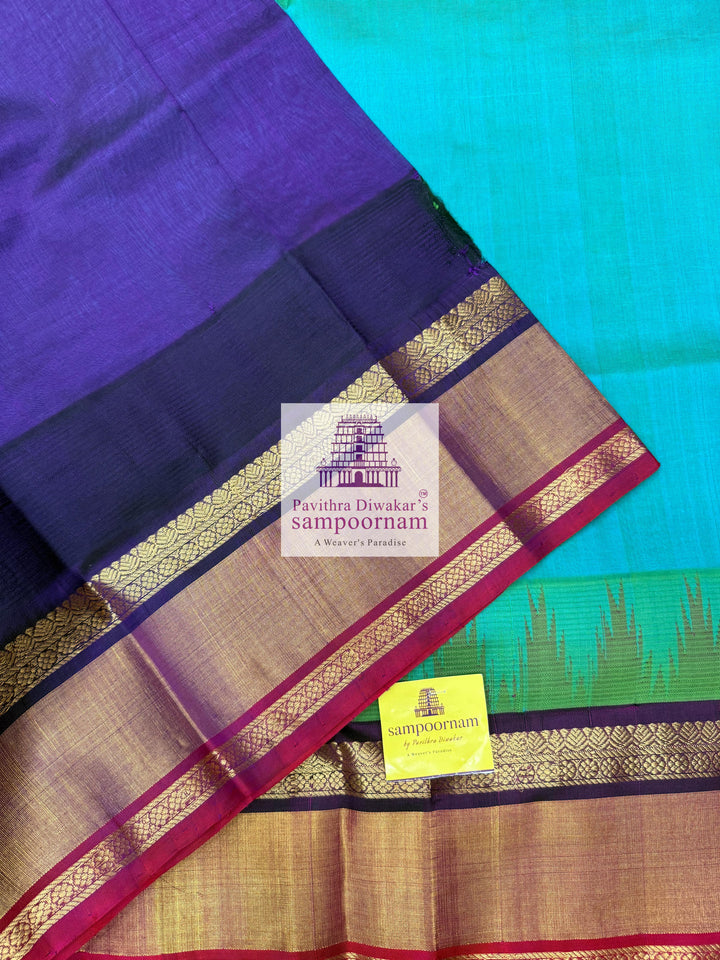 Ramar Blue with Purple , One side triple coloured rich Temple Tissue border ,grand Pallu Korvai Silk Cotton Saree