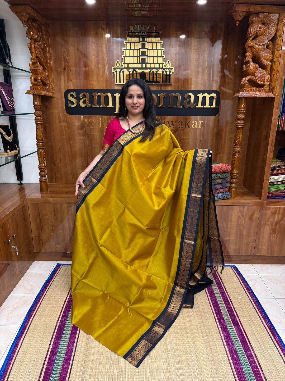 Mustard with Dark Blue , Traditional  borders and rich Pallu Korvai Silk Cotton Saree