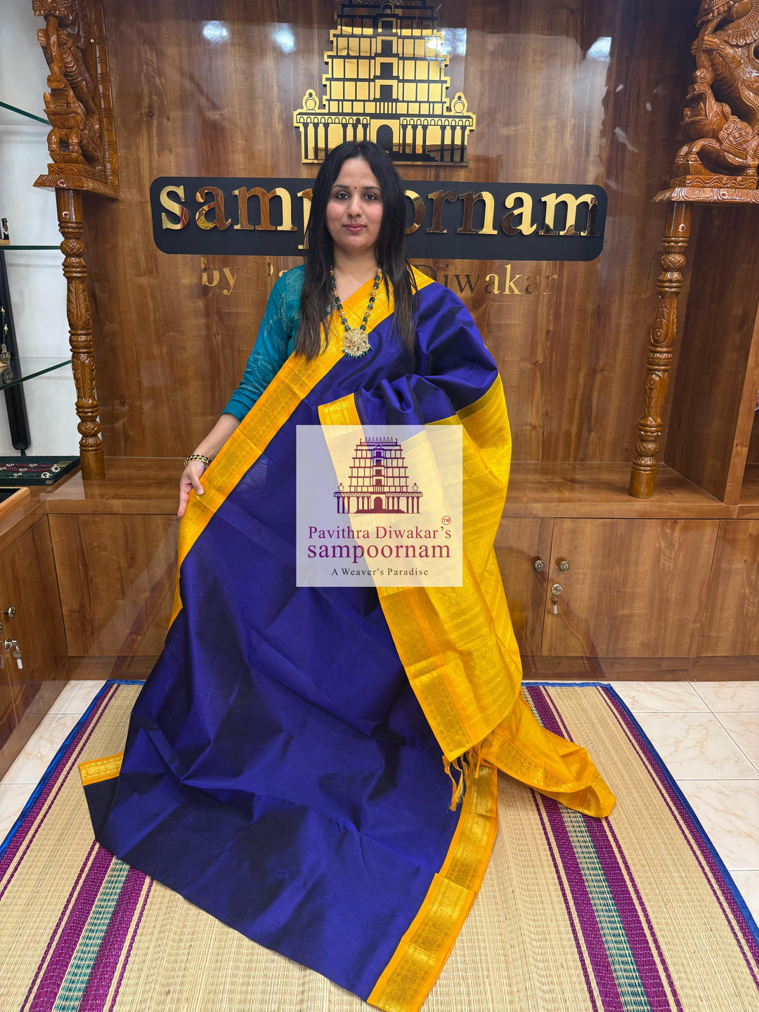MS Blue with Yellow , traditional borders and rich Pallu Korvai Silk Cotton Saree