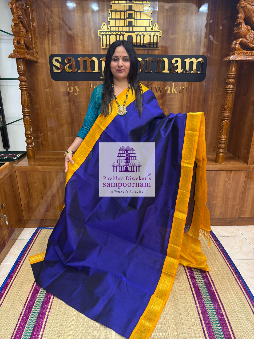 MS Blue with Yellow , traditional borders and rich Pallu Korvai Silk Cotton Saree