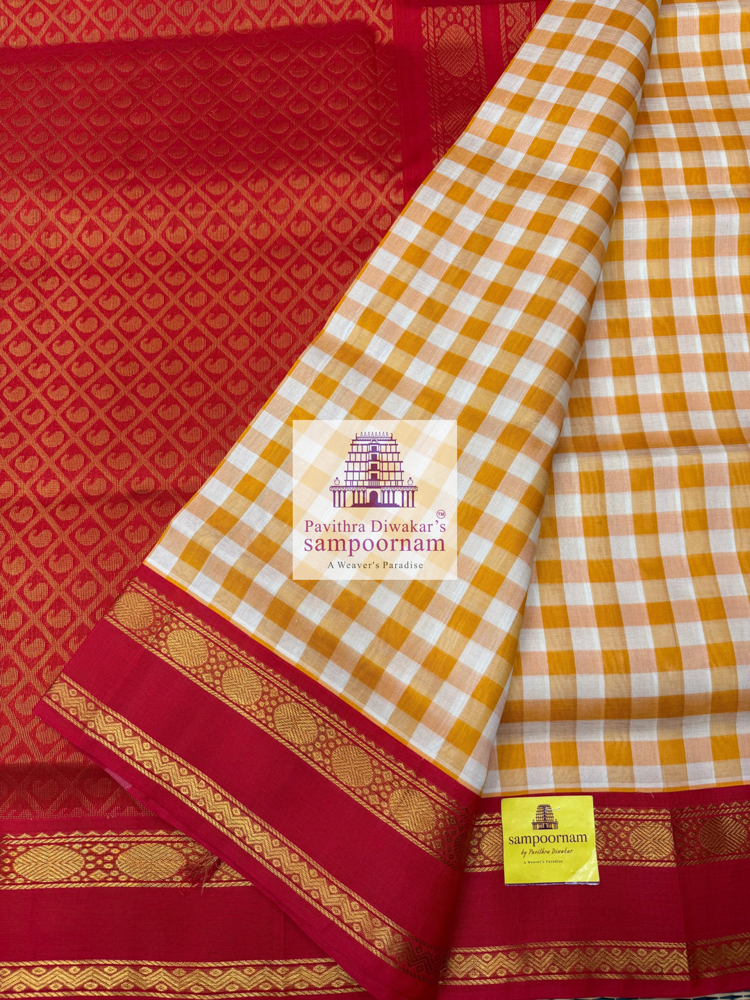 Manjal & White with Red Pallum Pazham Kattam , rettapet border and grand Pallu Korvai Silk Cotton Saree