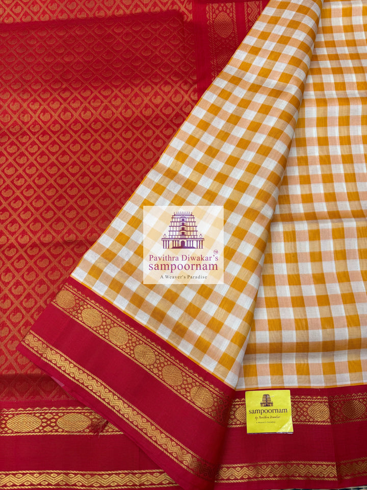 Manjal & White with Red Pallum Pazham Kattam , rettapet border and grand Pallu Korvai Silk Cotton Saree