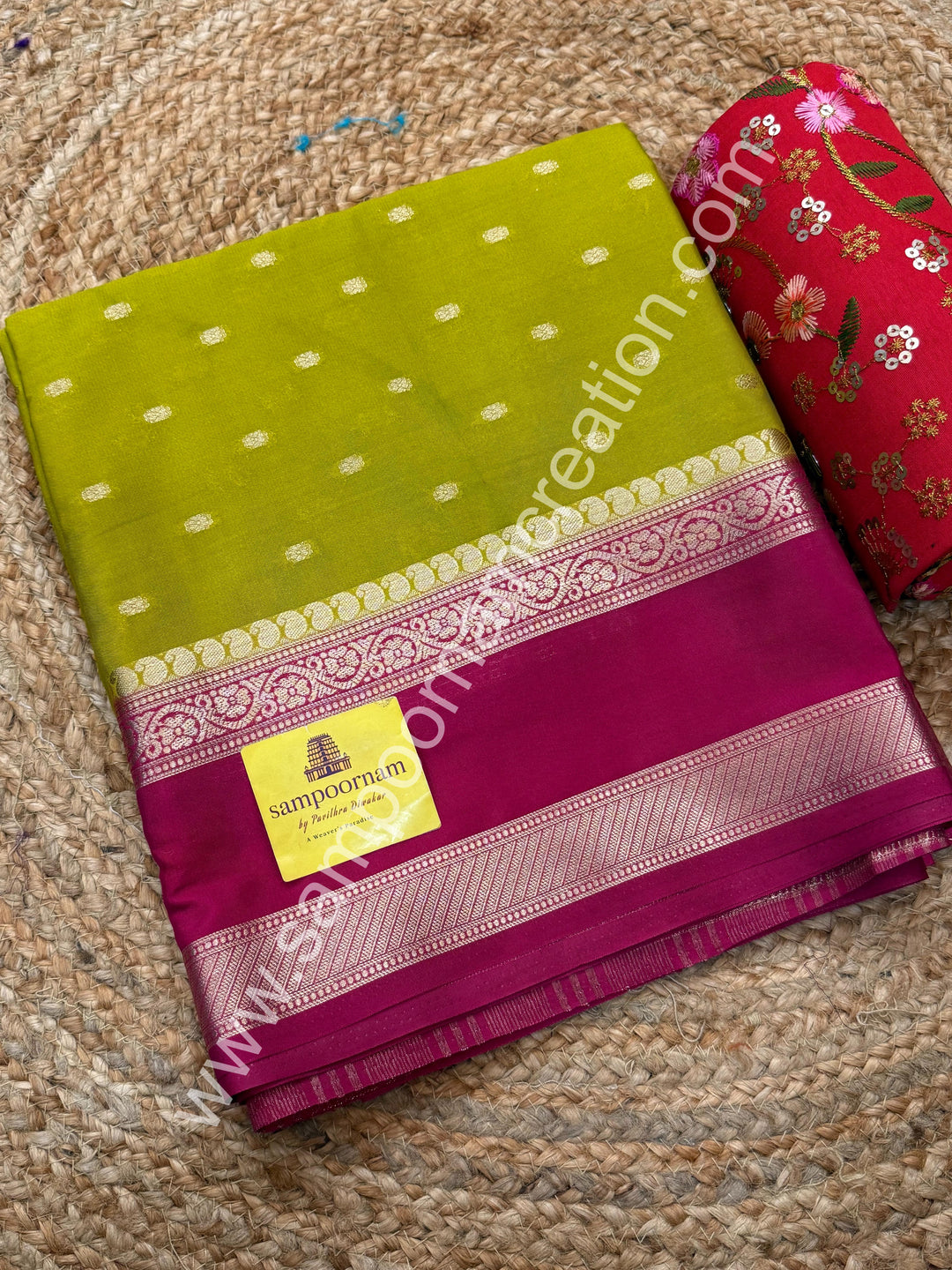 Lemon Green with Rani Pink  , Rich Rettapet Borders and Pallu Semi Mysore Silk Saree