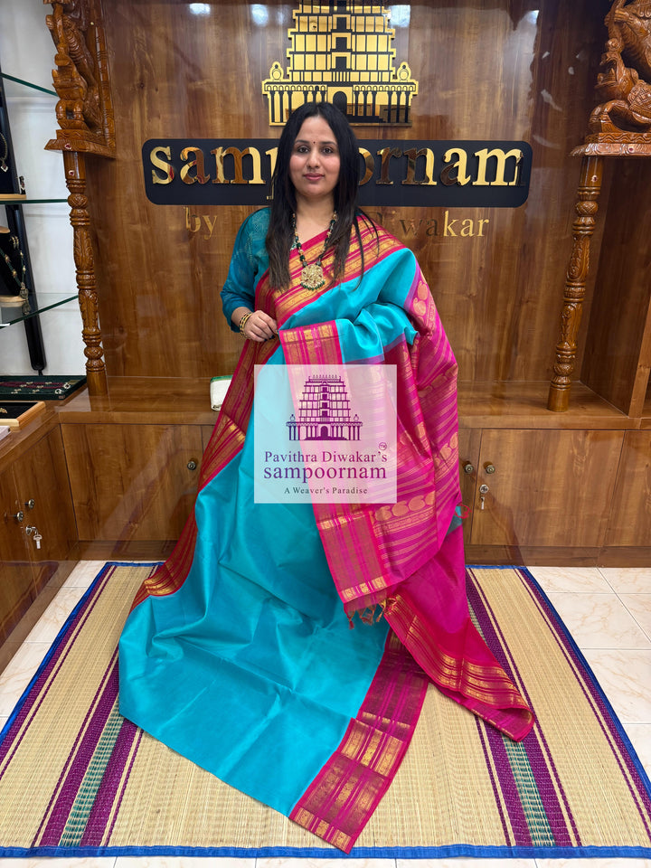 Light Blue with Pink , Kanchi traditonal borders and rich Pallu Korvai Silk Cotton Saree