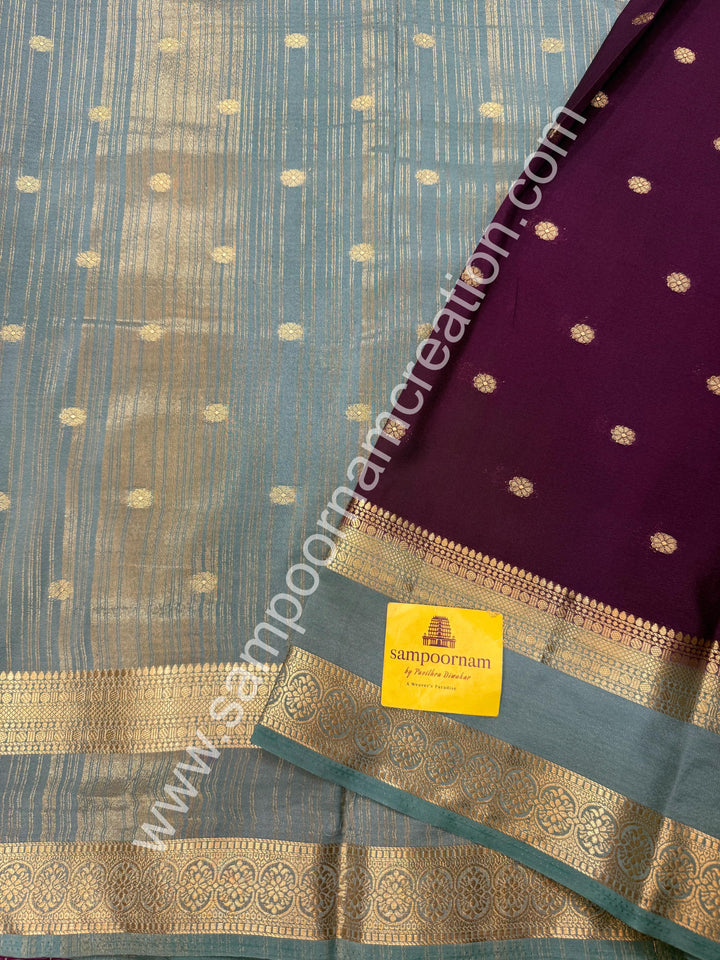 Deep Jamun with Steel Gray  , Rich Rettapet Borders and Pallu Semi Mysore Silk Saree