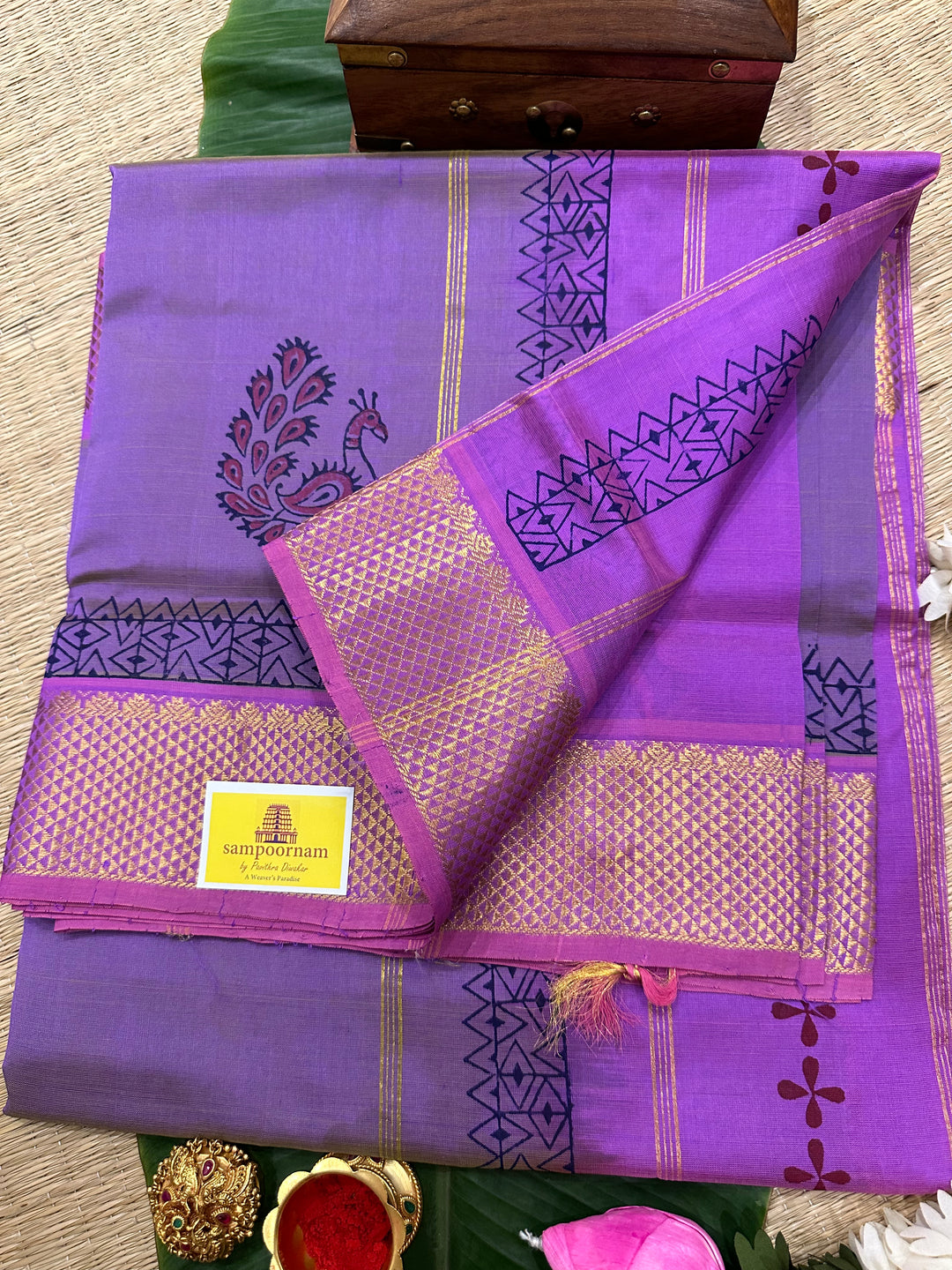 Lilac Colour Handblock Printed Silk Cotton Saree