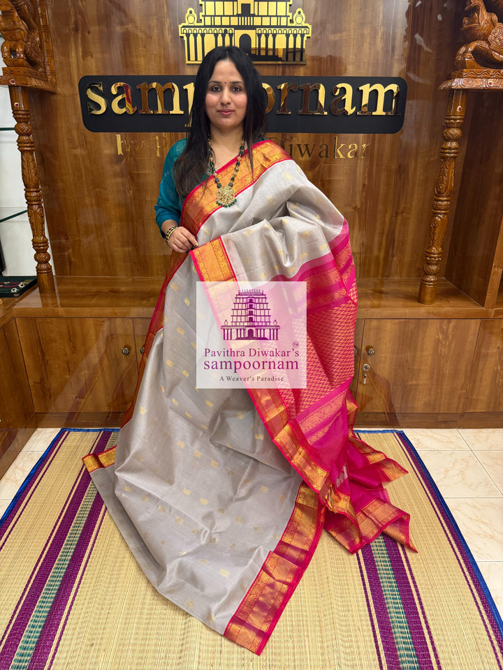 Grey with Pink , Zari Annam butta in the body , rettapet silk borders and rich Pallu Korvai Silk Cotton Saree