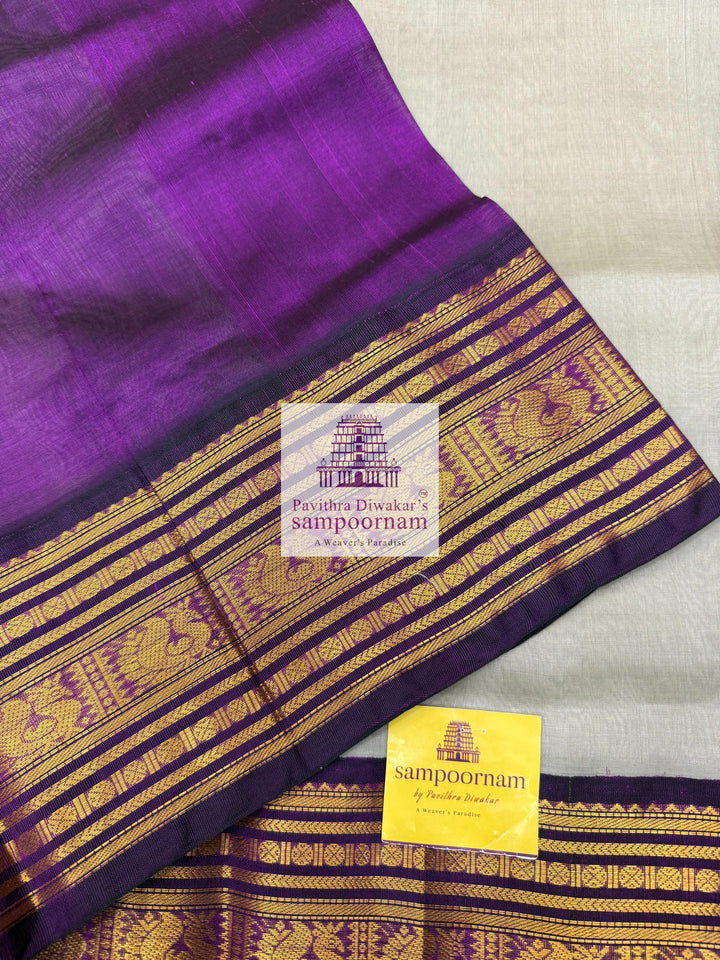 Light Grey with Purple , Kanchi traditional borders and rich Pallu Korvai Silk Cotton Saree