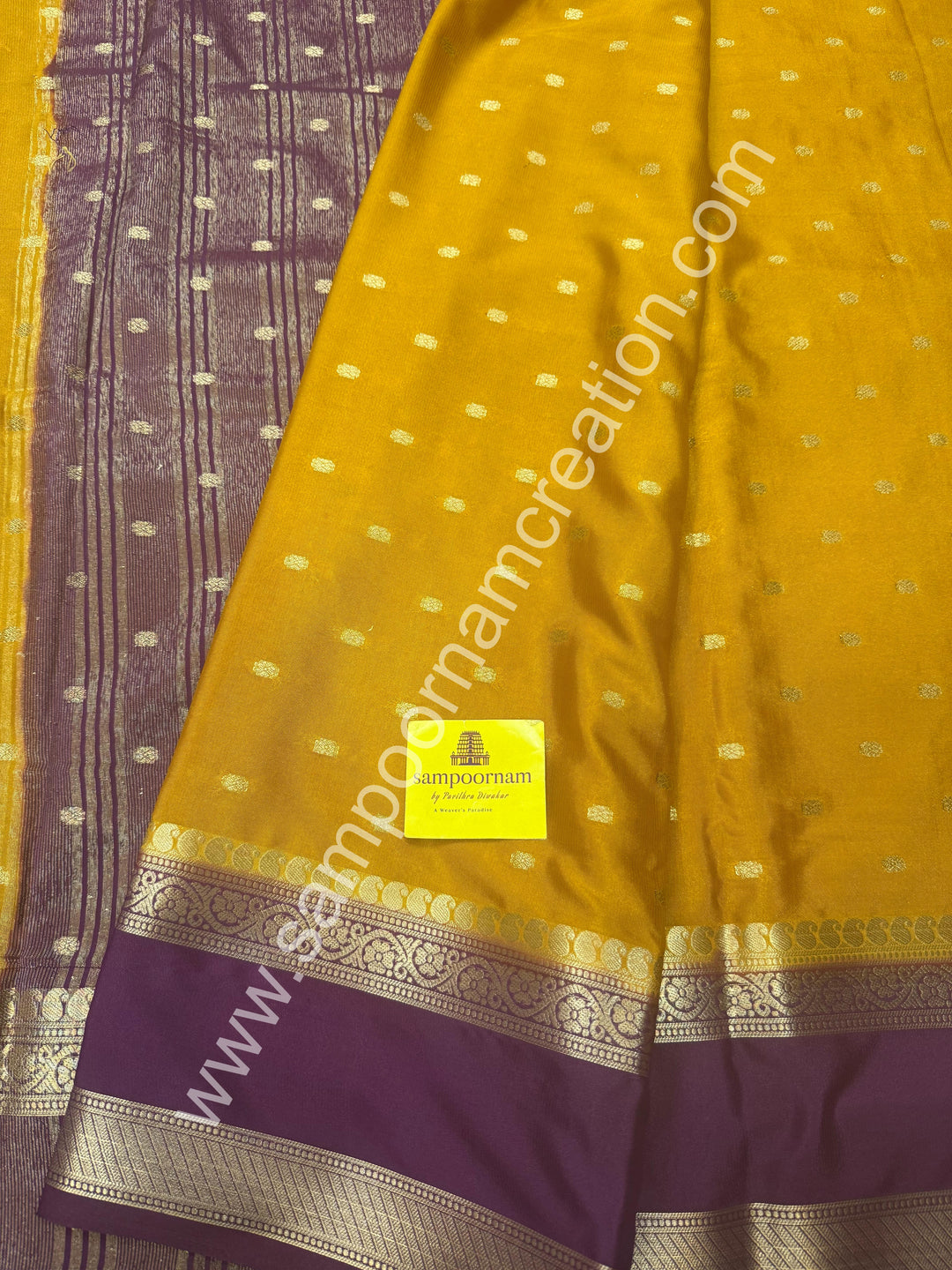 Goldenrod Yellow with Plum  , Rich Rettapet Borders and Pallu Semi Mysore Silk Saree