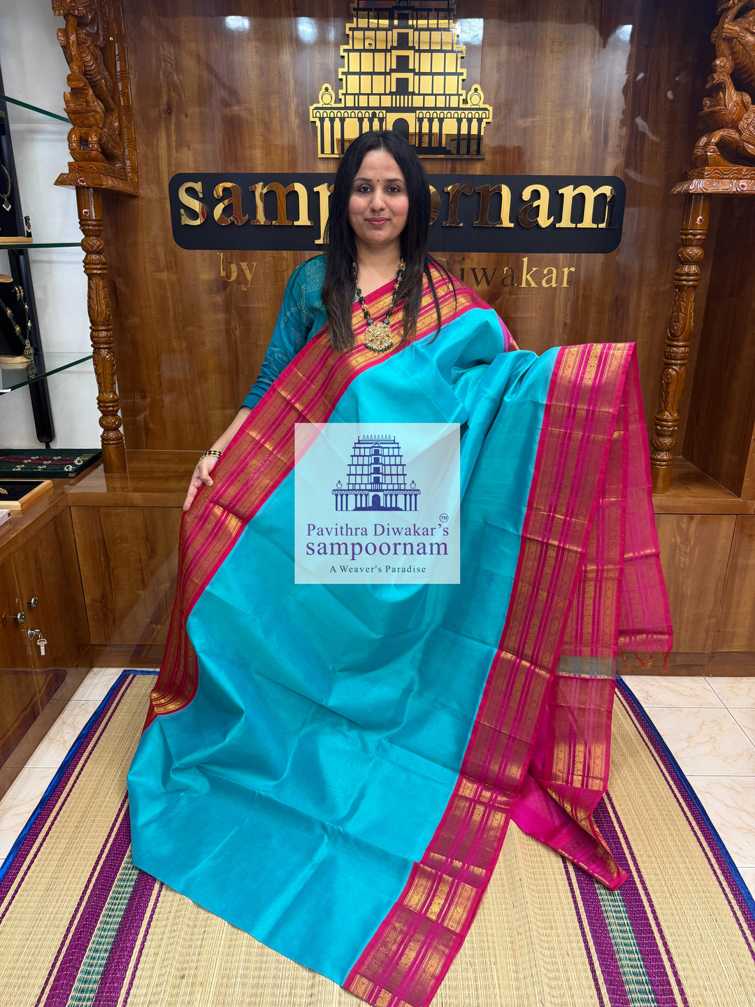 Light Blue with Pink , Kanchi traditonal borders and rich Pallu Korvai Silk Cotton Saree