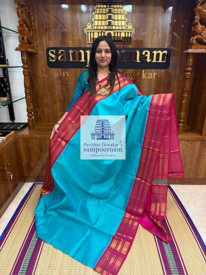 Light Blue with Pink , Kanchi traditonal borders and rich Pallu Korvai Silk Cotton Saree