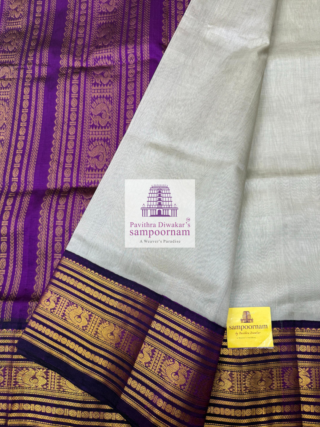 Light Grey with Purple , Kanchi traditional borders and rich Pallu Korvai Silk Cotton Saree