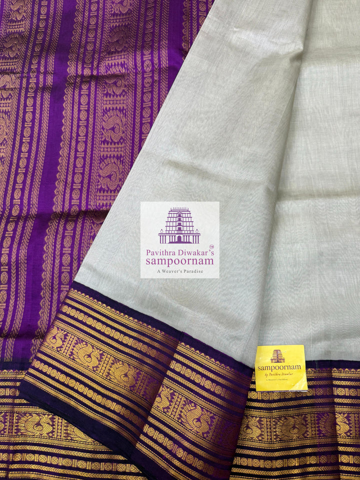Light Grey with Purple , Kanchi traditional borders and rich Pallu Korvai Silk Cotton Saree