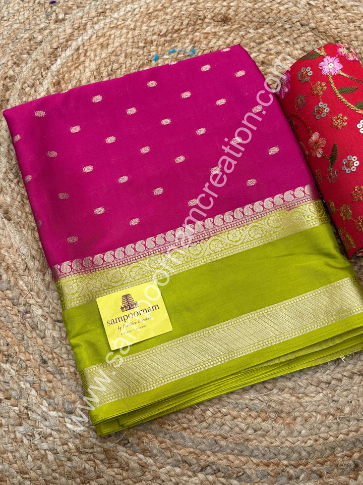 Rani Pink with Lemon Green  , Rich Rettapet Borders and Pallu Semi Mysore Silk Saree