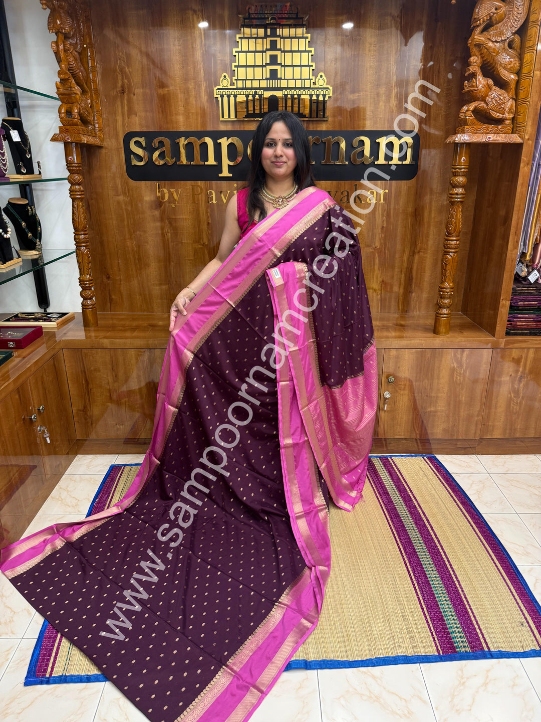 Purple with Panther Pink  , Rich Rettapet Borders and Pallu Semi Mysore Silk Saree