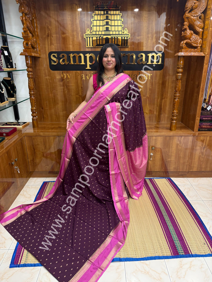 Purple with Panther Pink  , Rich Rettapet Borders and Pallu Semi Mysore Silk Saree
