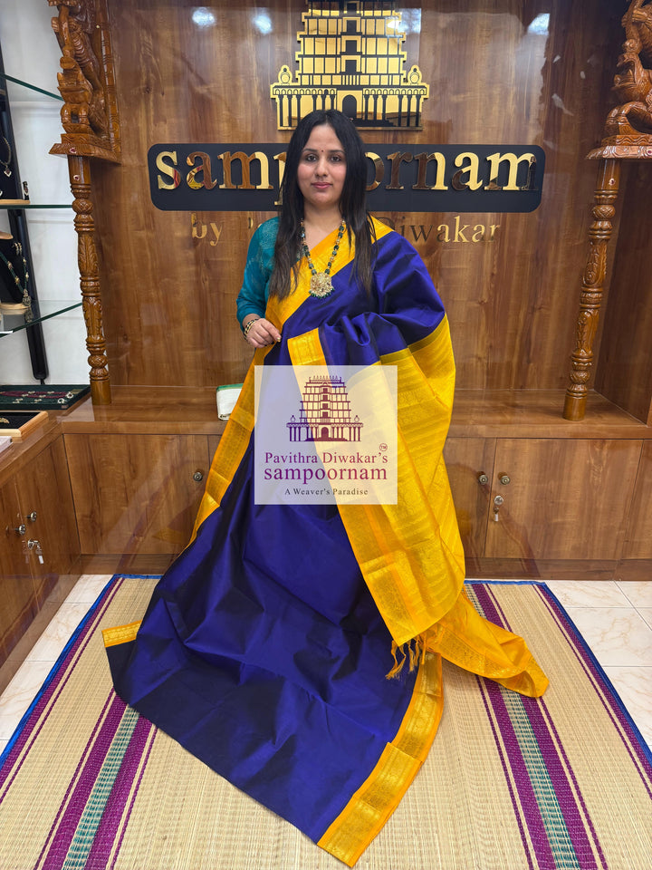 MS Blue with Yellow , traditional borders and rich Pallu Korvai Silk Cotton Saree