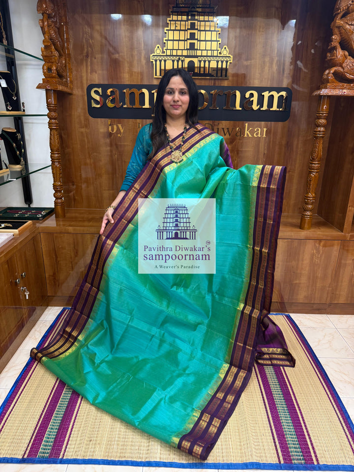 Ramar Blue with Purple , Temple design with rettapet border and rich Pallu Korvai Silk Cotton Saree