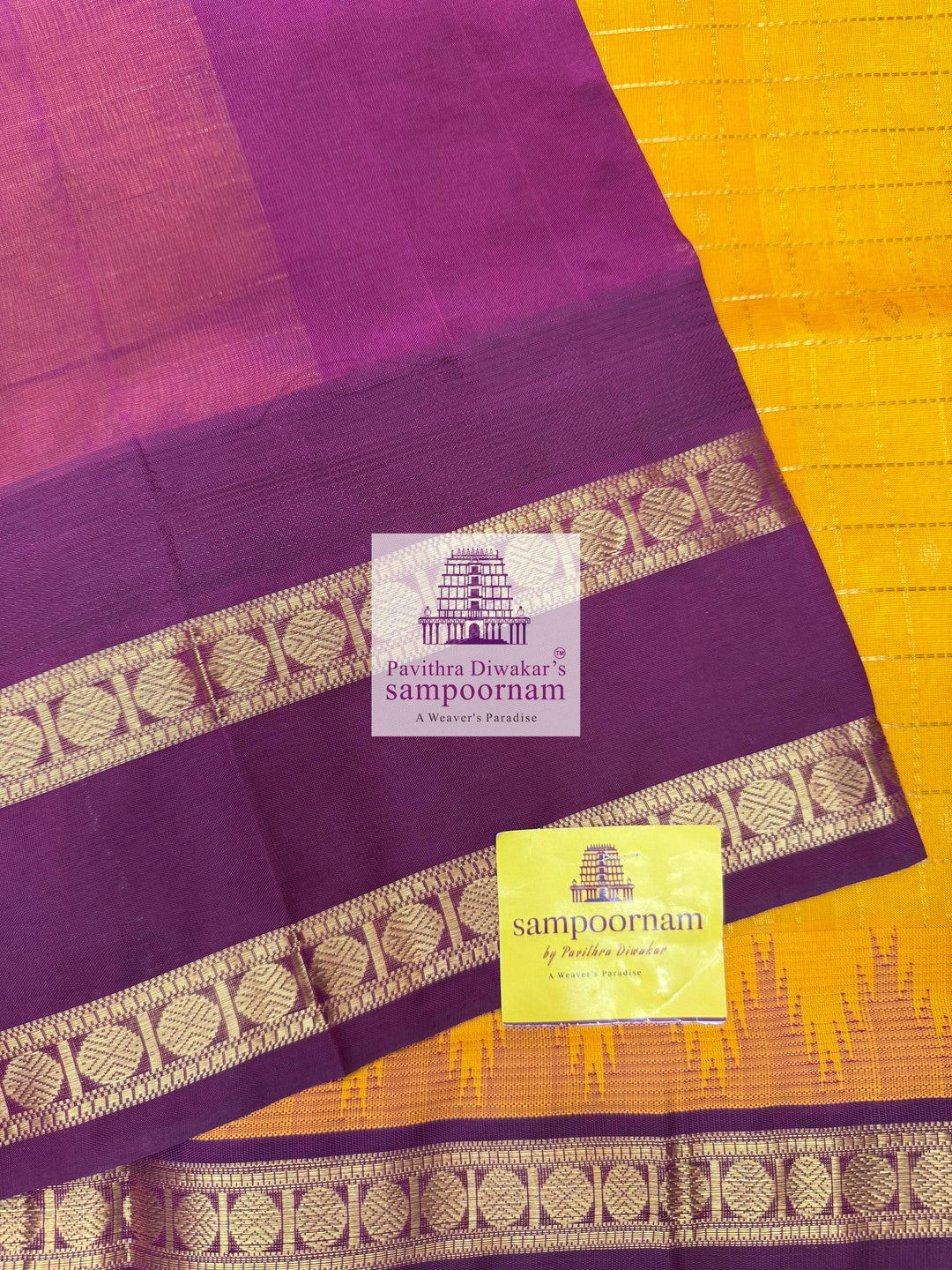 Mambazha Manjal with Araku Zari checks in the body , temple border and grand Pallu Korvai Silk Cotton Saree