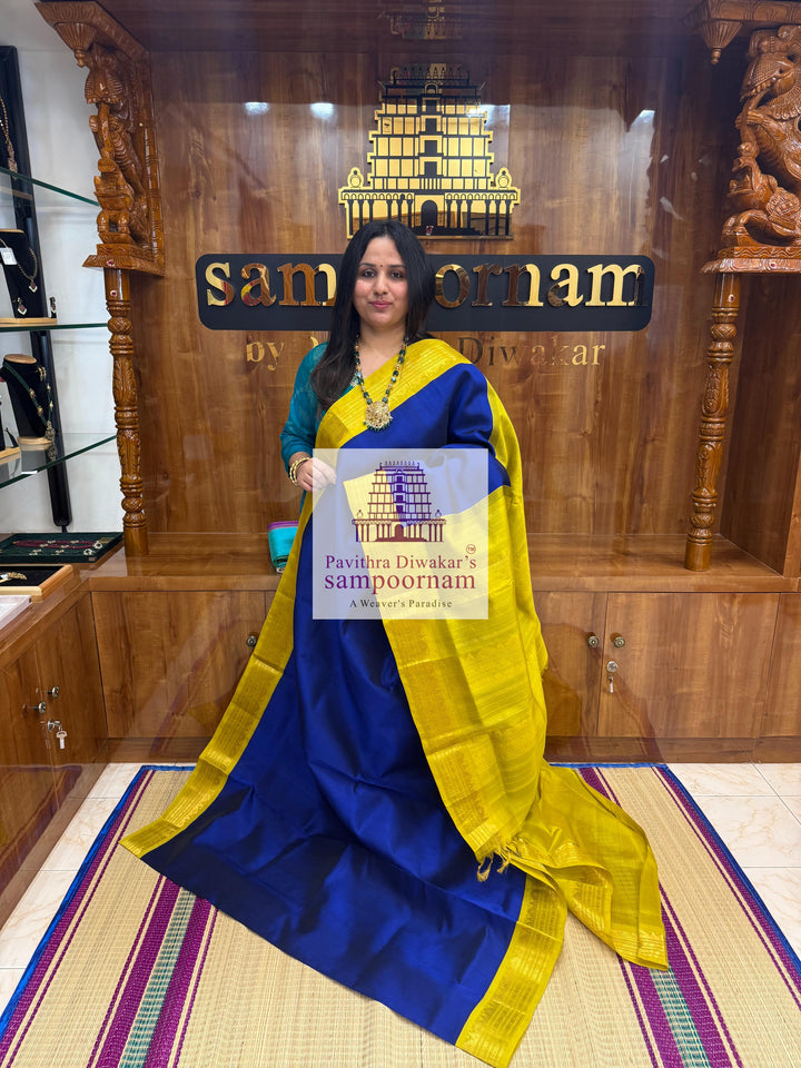 MS Blue with Lemon green  , traditional borders and rich Pallu Korvai Silk Cotton Saree