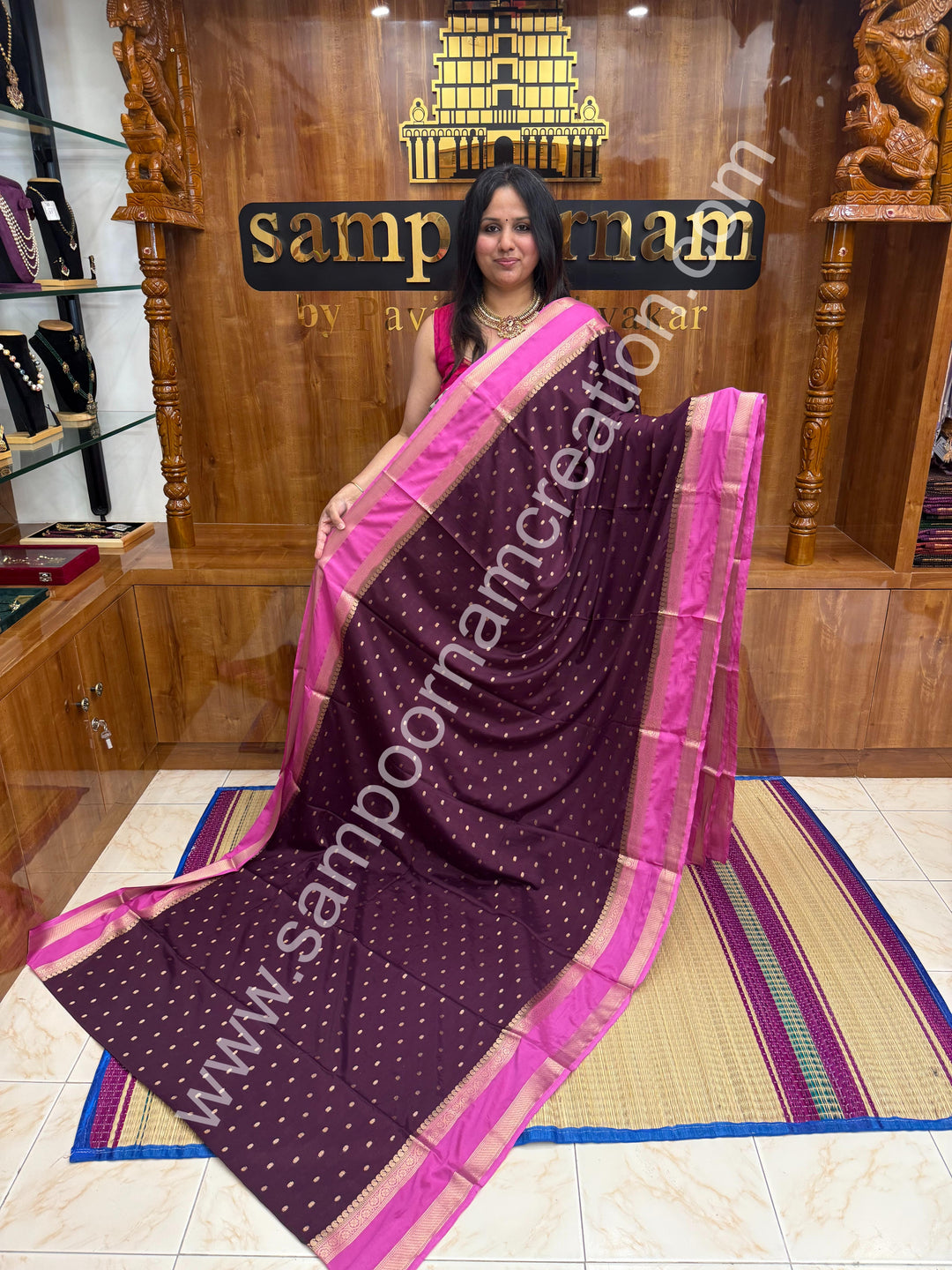 Deep Plum with Pink  , Rich Rettapet Borders and Pallu Semi Mysore Silk Saree