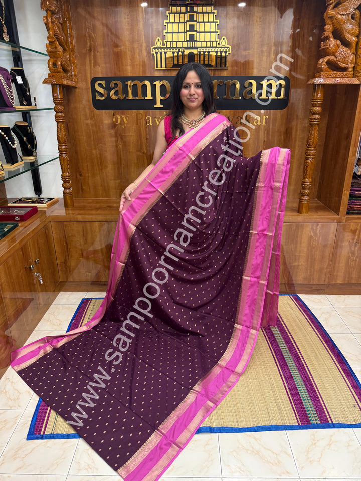 Deep Plum with Pink  , Rich Rettapet Borders and Pallu Semi Mysore Silk Saree