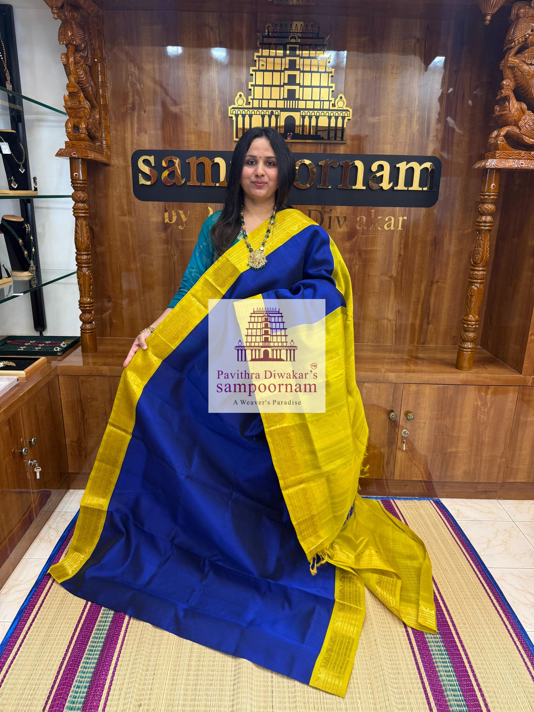 MS Blue with Lemon green  , traditional borders and rich Pallu Korvai Silk Cotton Saree