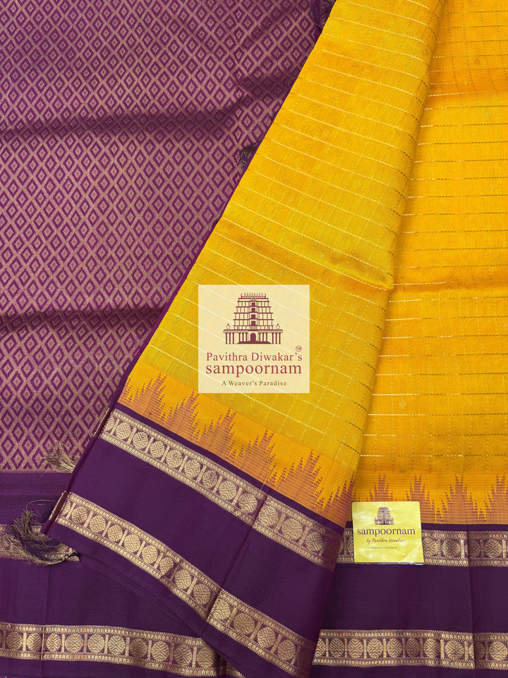 Mambazha Manjal with Araku Zari checks in the body , temple border and grand Pallu Korvai Silk Cotton Saree