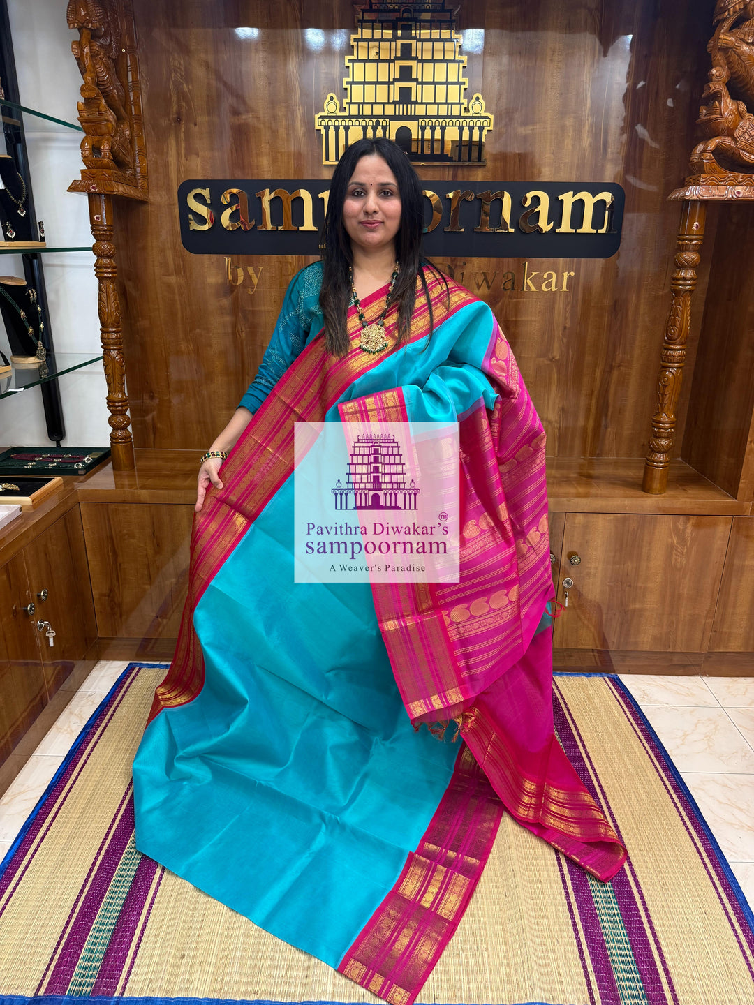 Light Blue with Pink , Kanchi traditonal borders and rich Pallu Korvai Silk Cotton Saree