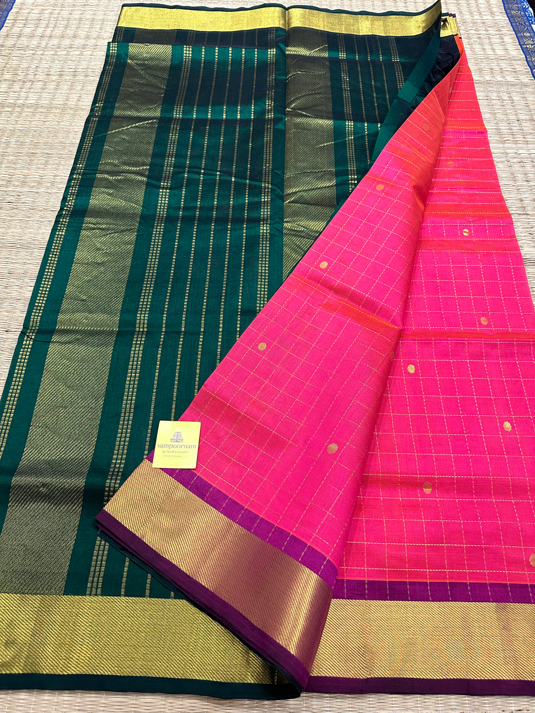 Magenta with Green Body Zari CHecks with Butta Silk Cotton Saree