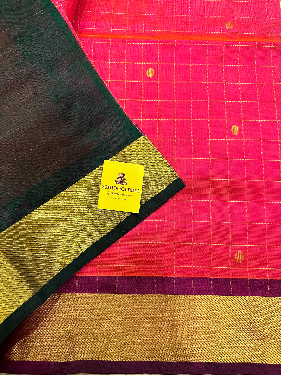 Magenta with Green Body Zari CHecks with Butta Silk Cotton Saree