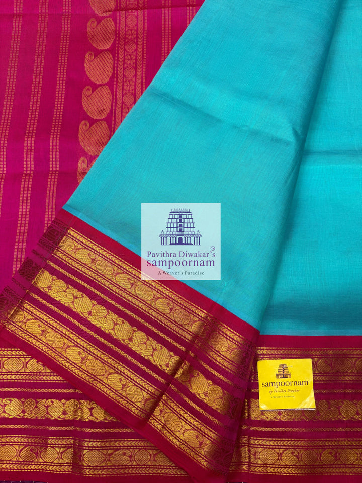Light Blue with Pink , Kanchi traditonal borders and rich Pallu Korvai Silk Cotton Saree