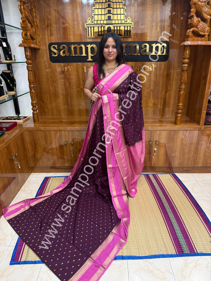 Purple with Panther Pink  , Rich Rettapet Borders and Pallu Semi Mysore Silk Saree