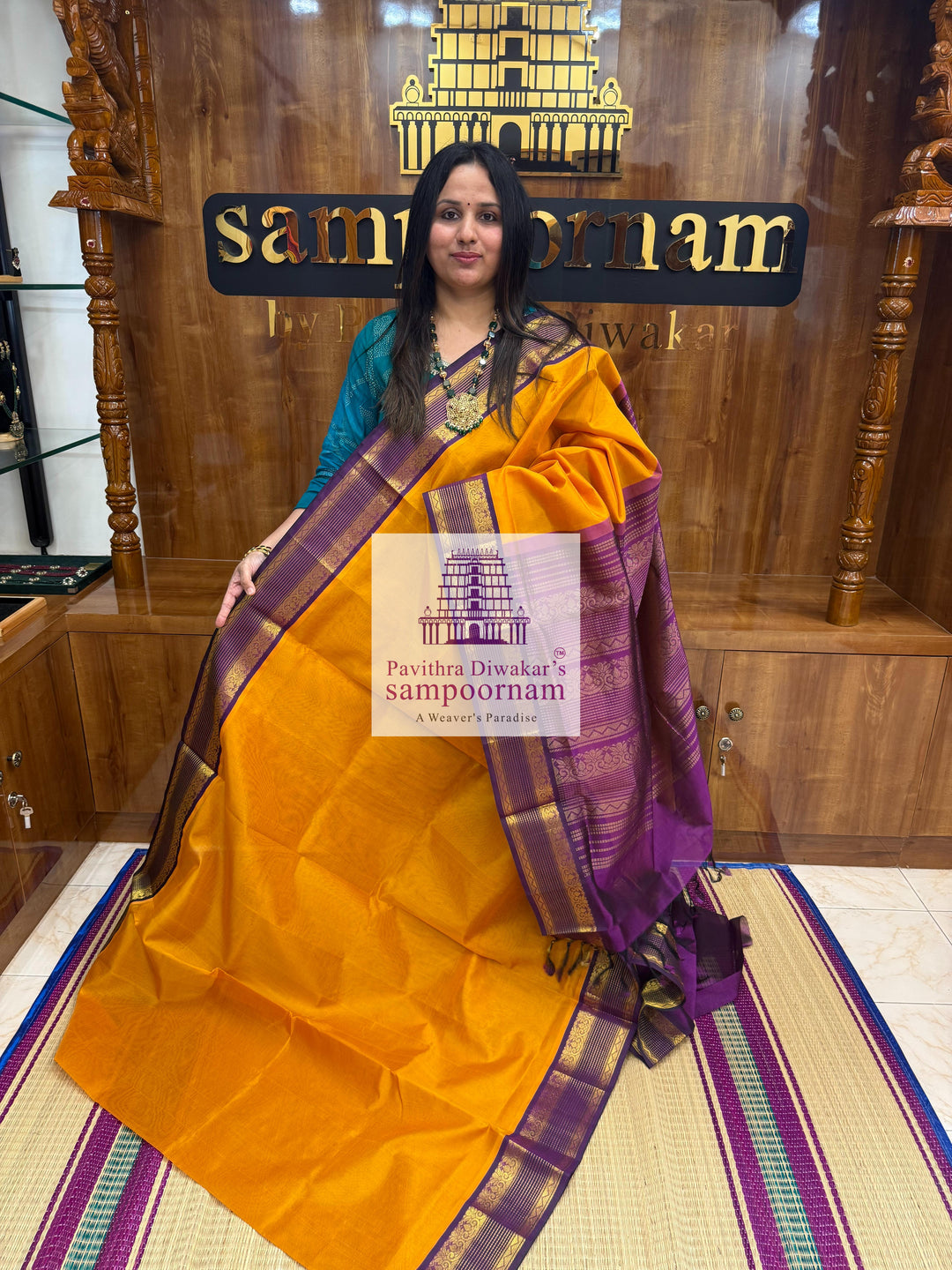 Manjal with Purple , rettapet borders and grand Pallu Korvai Silk Cotton Saree.