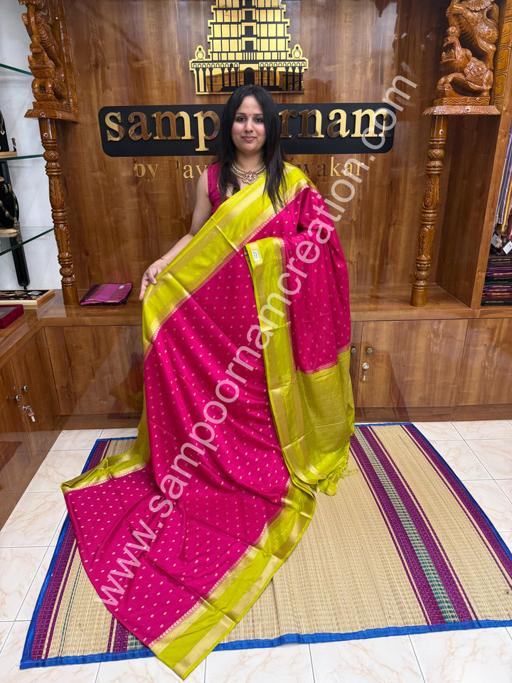 Rani Pink with Lemon Green  , Rich Rettapet Borders and Pallu Semi Mysore Silk Saree