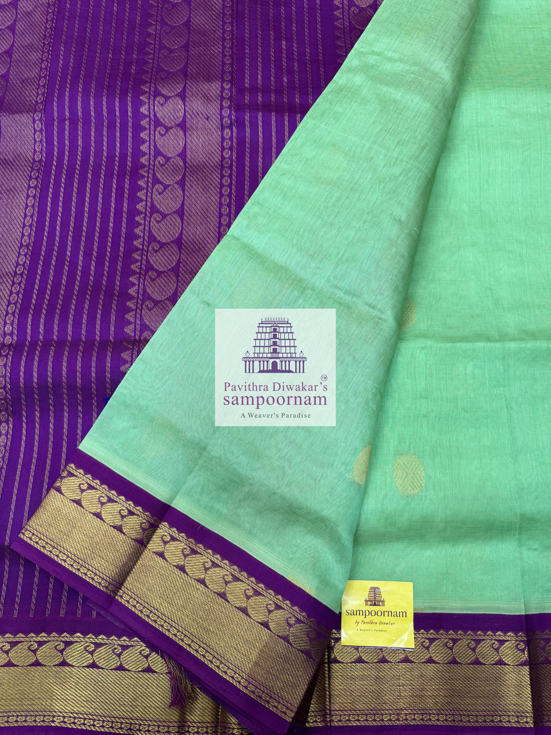 Pastel Green with Purple , Zari butta in the body , traditional border and rich Pallu Korvai Silk Cotton Saree
