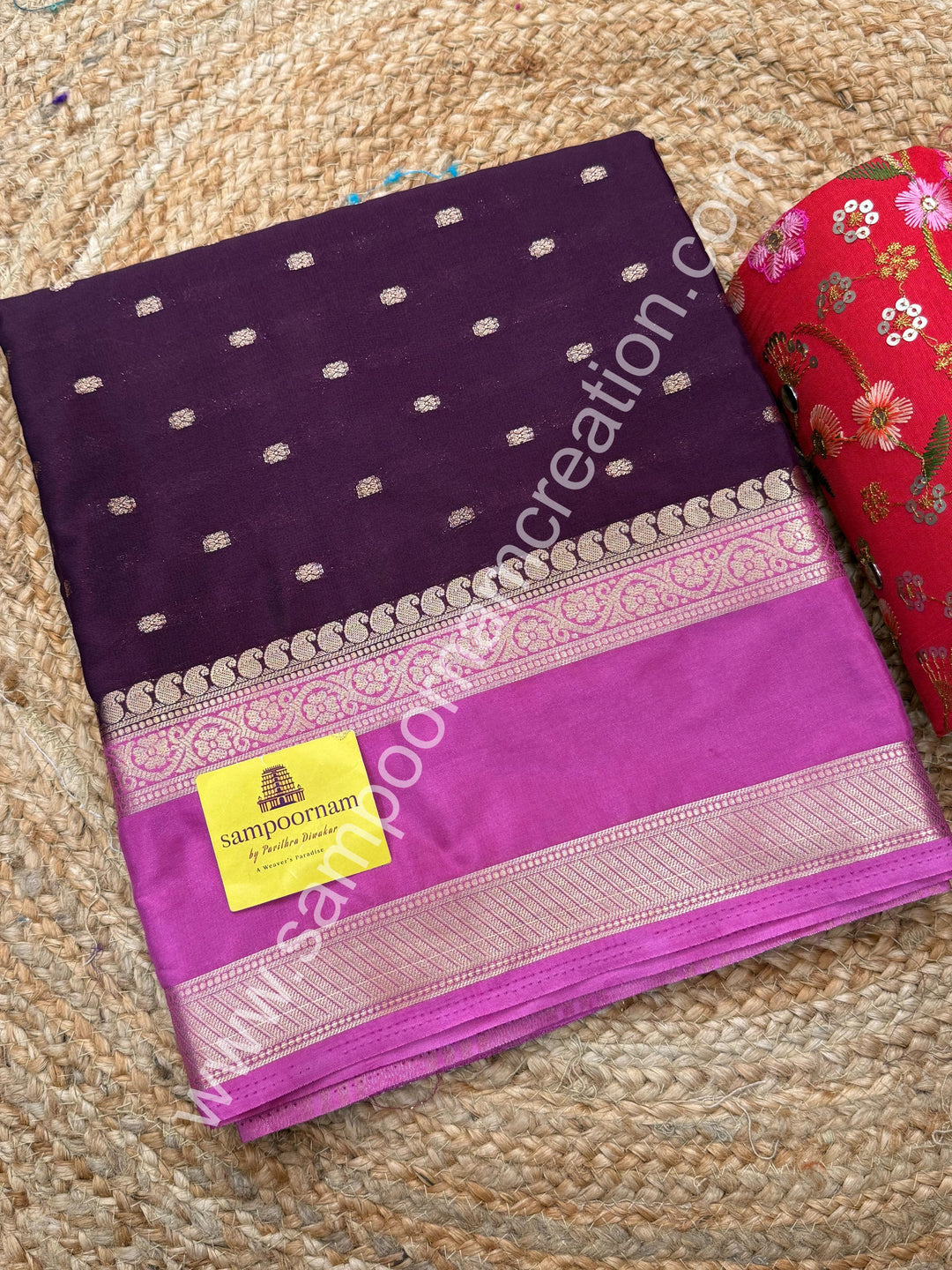 Purple with Panther Pink  , Rich Rettapet Borders and Pallu Semi Mysore Silk Saree