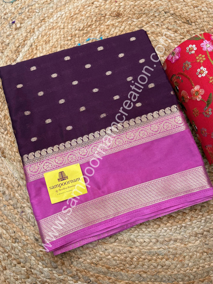 Purple with Panther Pink  , Rich Rettapet Borders and Pallu Semi Mysore Silk Saree