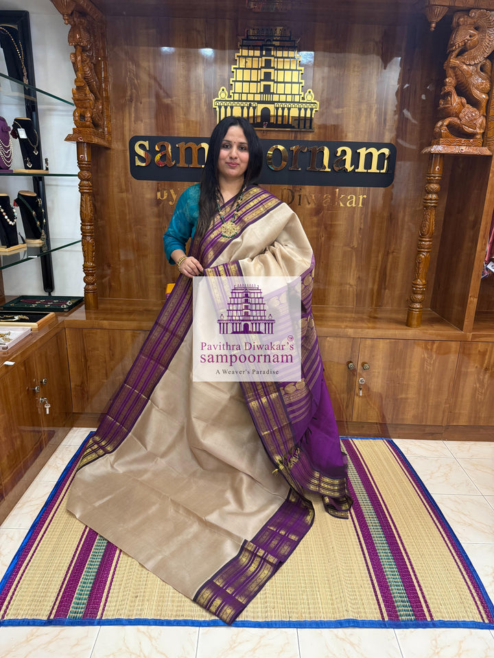 Beige with Purple , Kanchi traditional borders and rich Pallu Korvai Silk Cotton Saree