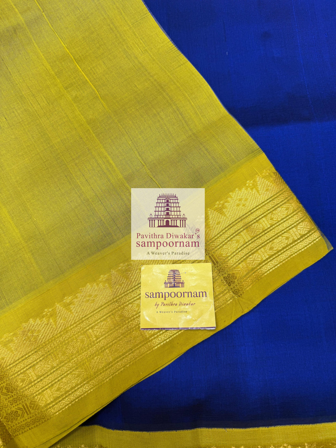 MS Blue with Lemon green  , traditional borders and rich Pallu Korvai Silk Cotton Saree