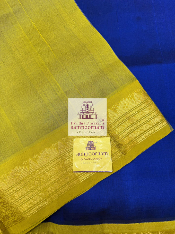 MS Blue with Lemon green  , traditional borders and rich Pallu Korvai Silk Cotton Saree