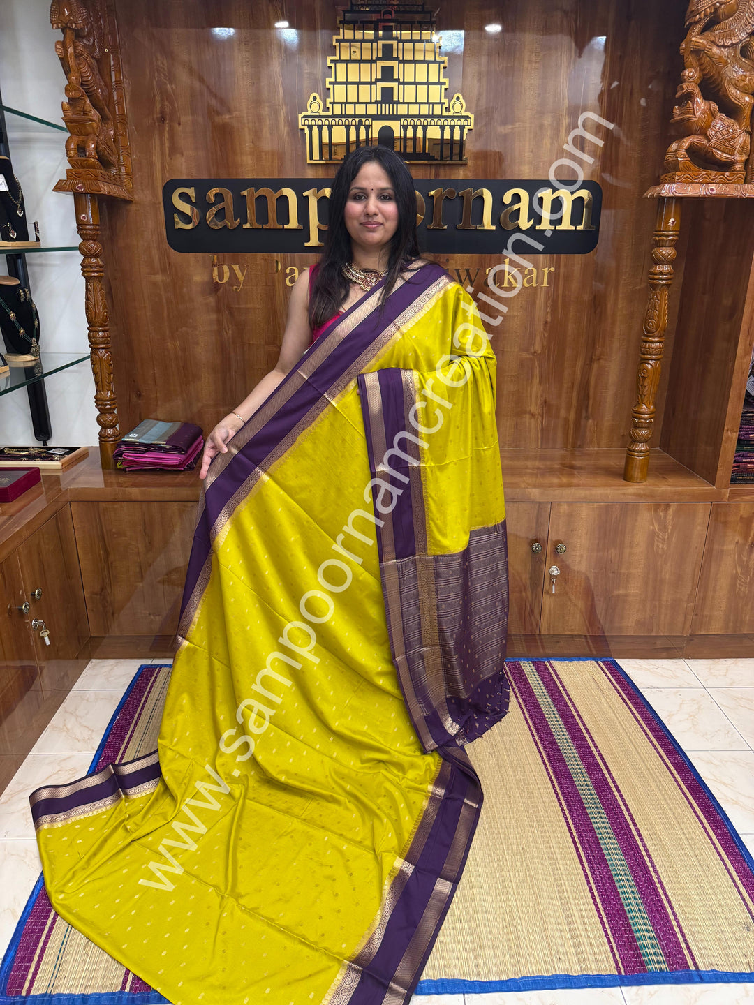 Lemon Yellow with Dark Jamun  , Rich Rettapet Borders and Pallu Semi Mysore Silk Saree