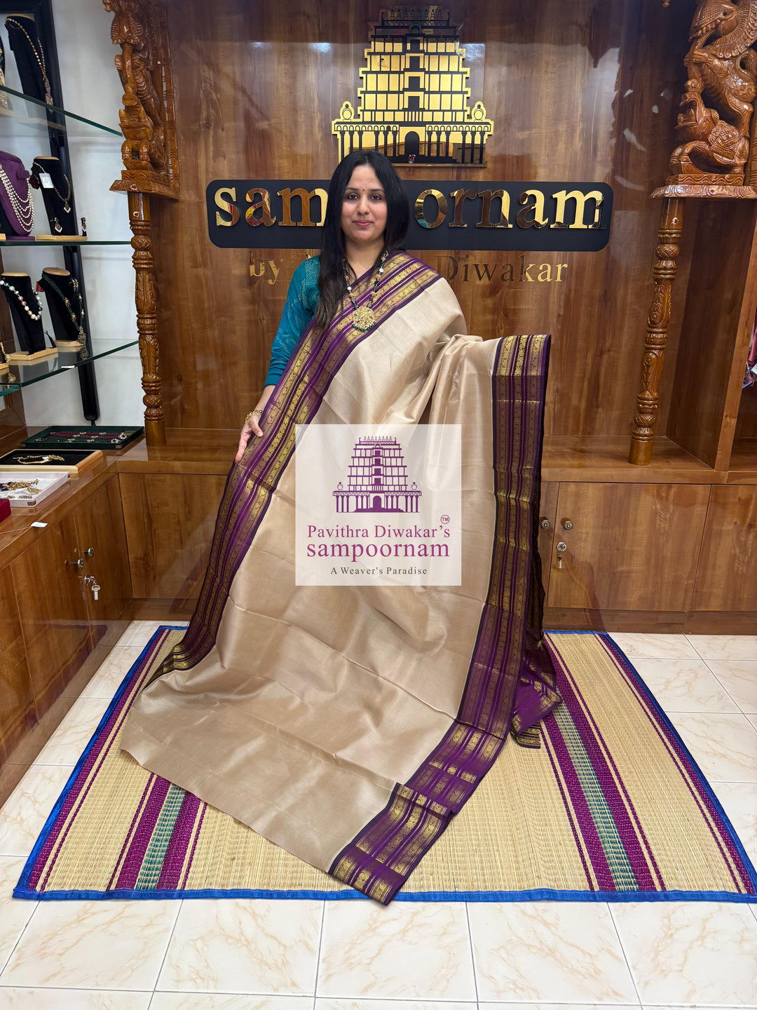 Beige with Purple , Kanchi traditional borders and rich Pallu Korvai Silk Cotton Saree